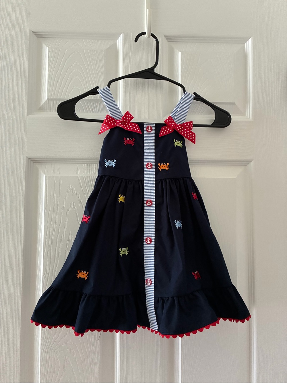 NWOT 3T Navy Crab Embroidered Sundress with Red Bows
